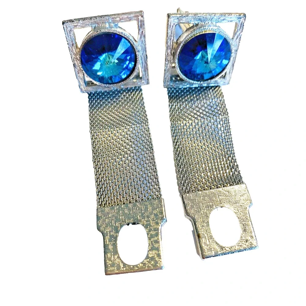 Vintage Blue Rivoli Wrap Cufflinks Large Stones Silvertone Mesh Mid Century Chic